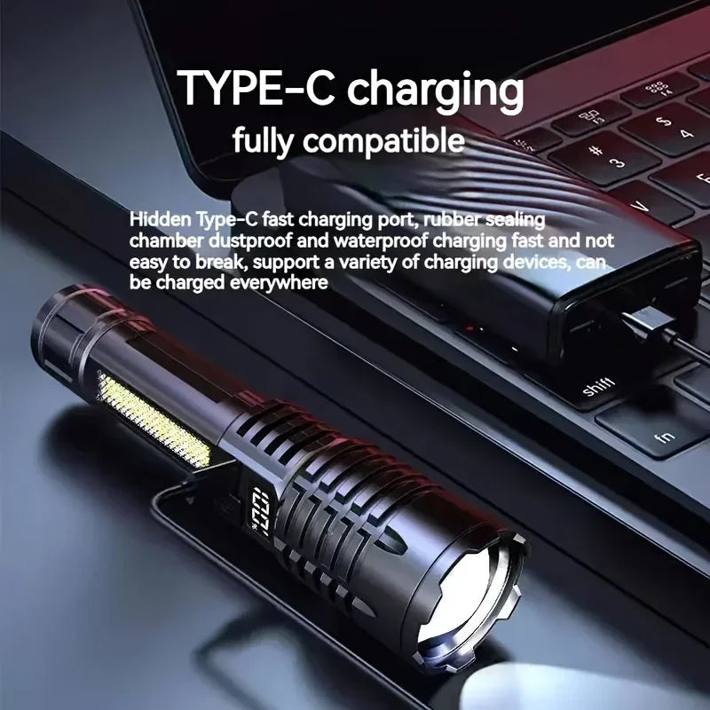 High Power LED Flashlight – Zoom, LCD Display, 5 Modes, Type-C
