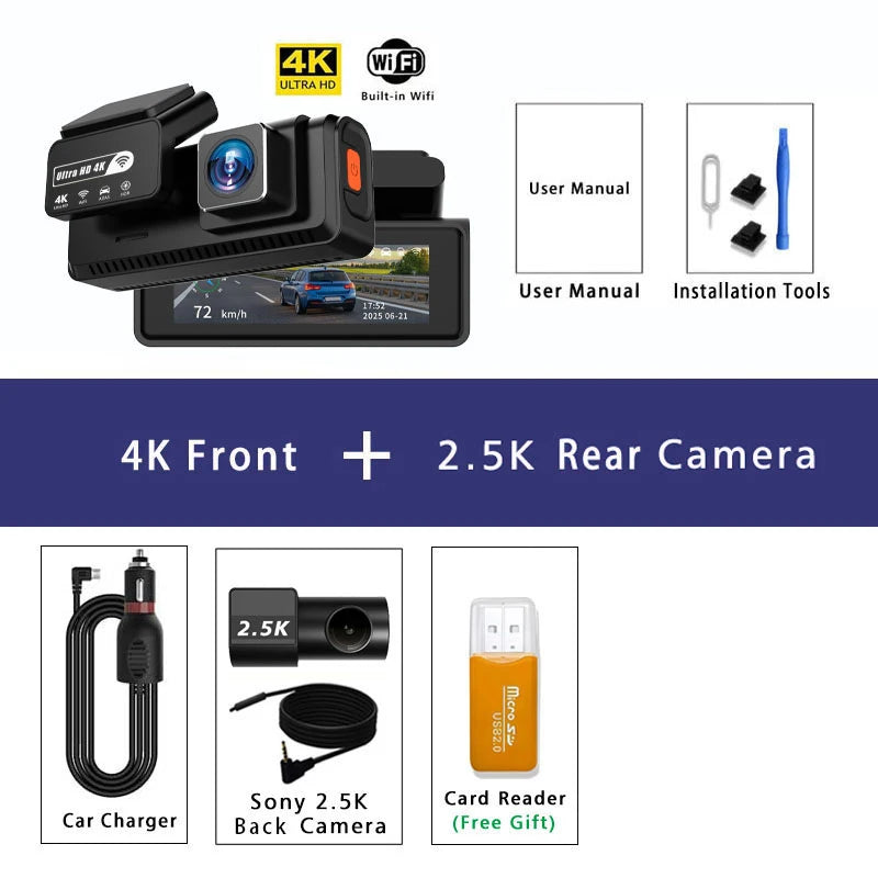 4K UHD GPS Dash Cam With Wi Fi And Night Vision, Wide Angle, Loop Recording, G Sensor, Parking Mode