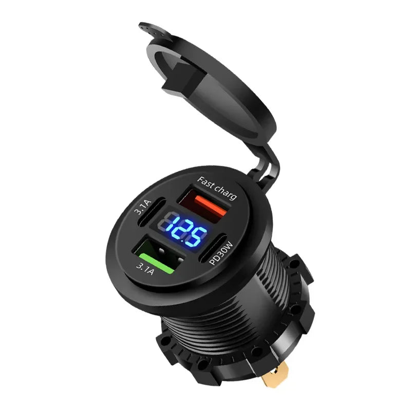 Waterproof 4 Port Car Charger Socket With Voltmeter, Dual Type C And Dual USB Fast Charging 12V 24V