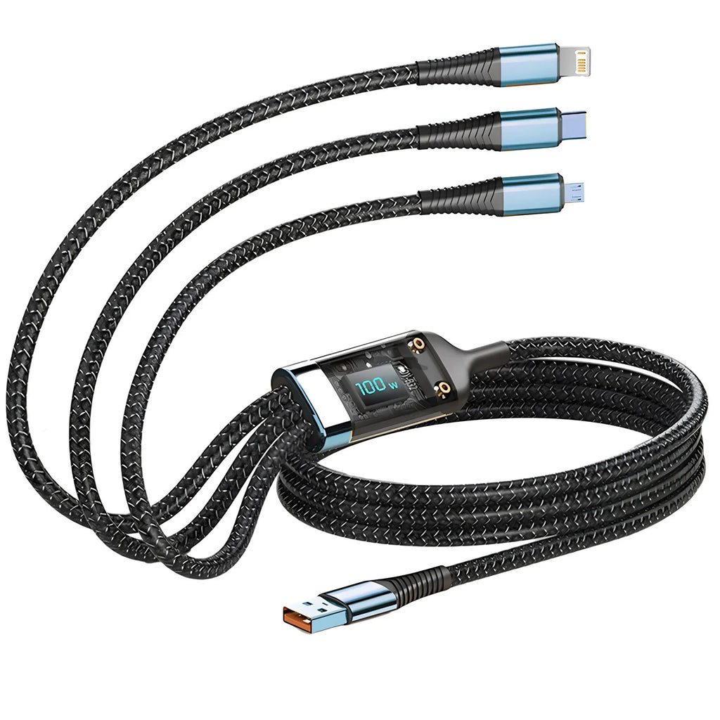 100-W-Schnellladekabel, Mehrfachladekabel, nylonummantelt, universelles 3-in-1-Ladekabel mit USB-Anschluss und USB-C-/Micro-USB-Anschluss