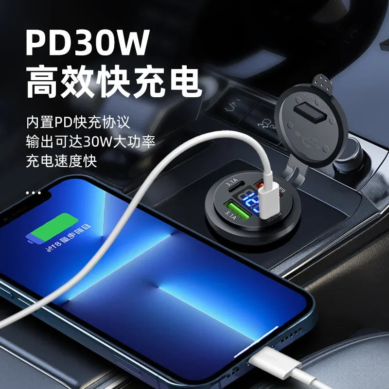 Waterproof 4 Port Car Charger Socket With Voltmeter, Dual Type C And Dual USB Fast Charging 12V 24V