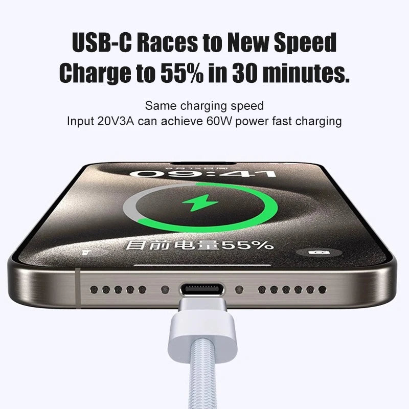 60-W-USB-C-Ladekabel für iPhone 16, 15, 17 Pro Max, 17 Air Plus – Schnellladefunktion, Typ-C-Ladekabel, geflochtenes Kabel, USB-zu-Typ-C-Datenkabel