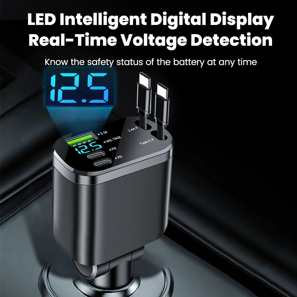 150w Car Charger USB+ Dual Type-C+Dual Type-C Stretching Cable PD Fast Charging Car Phone Digital Display Adapter For Cellphones