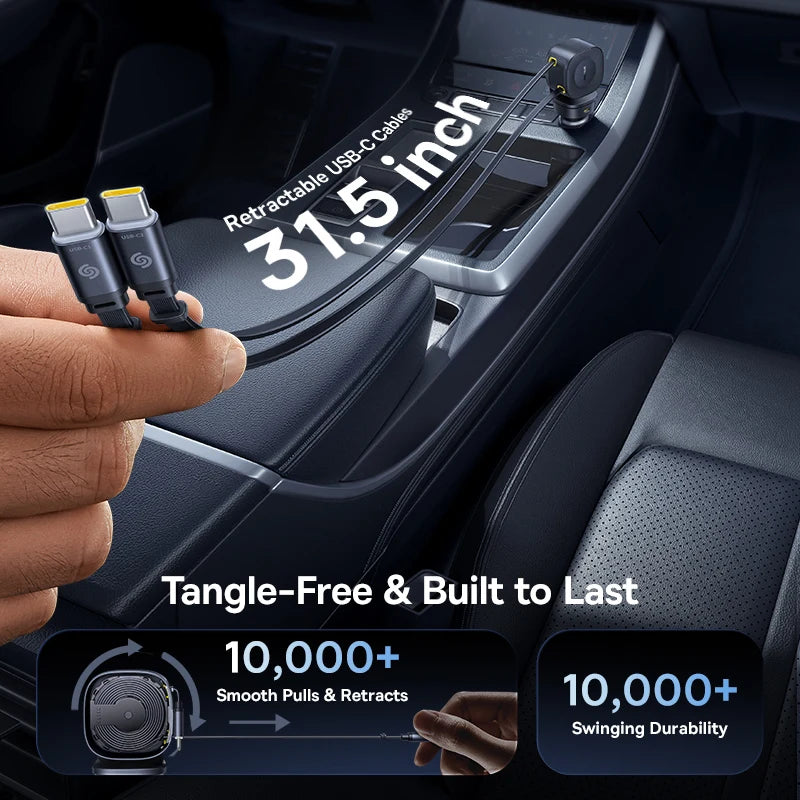 Baseus Kfz-Ladegerät 60W 100W 30W 240W 4 Anschlüsse Integriertes, doppelt einziehbares Kabel PD-Schnellladung USB Typ-C Kfz-Handyladegerät