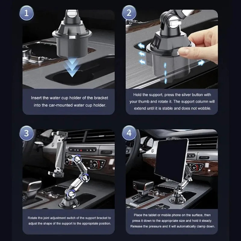 VIKEFON Car Cup Holder Phone & Tablet Mount — 360° Adjustable Long Arm