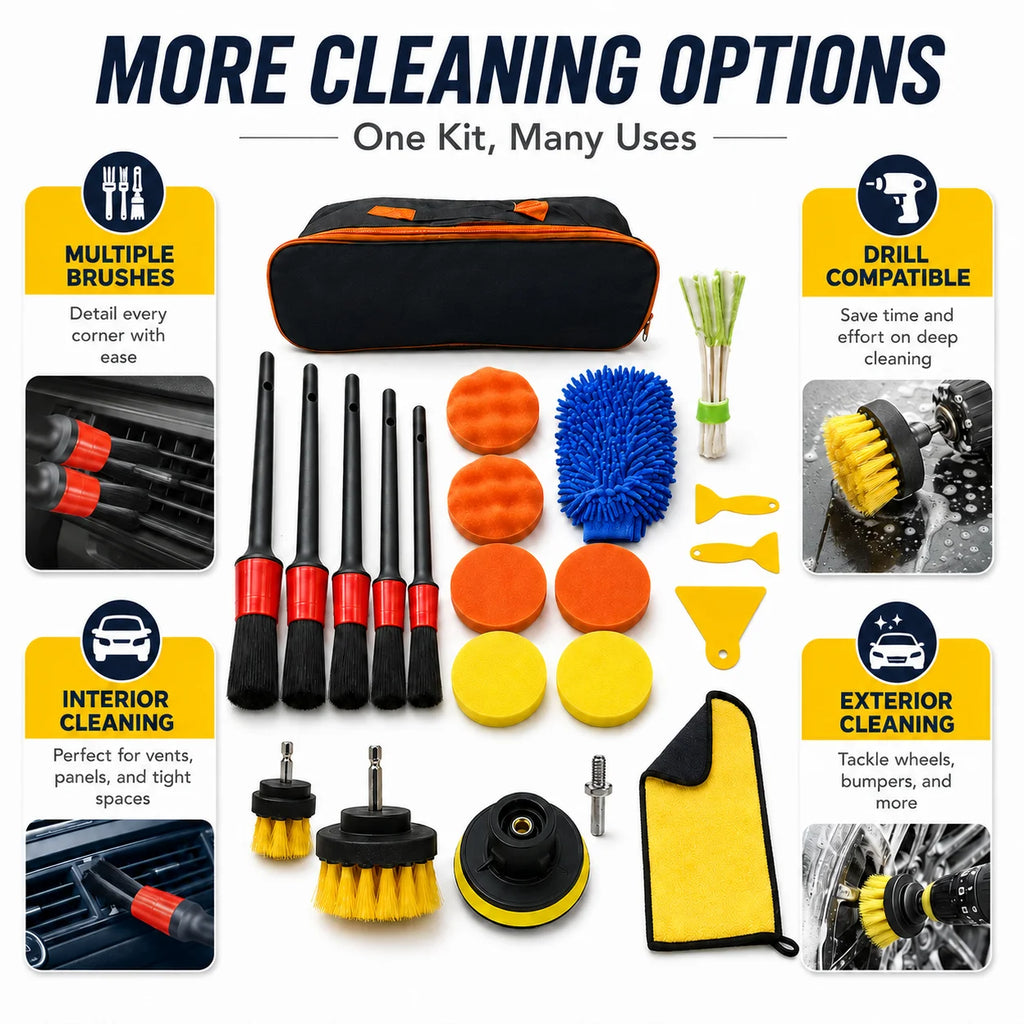 Car Detailing Brush Kit — Drill Brushes, Pads, Mitt & Storage Bag