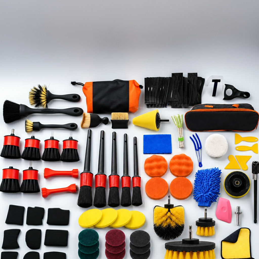 Car Detailing Brush Kit — Drill Brushes, Pads, Mitt & Storage Bag
